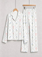 Elegant Pastel Blue Flowers and Faith Crosses Print Couple Matching Pyjamas