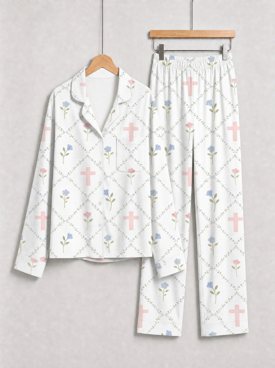 Elegant Pastel Blue Flowers and Faith Crosses Print Family Matching Pyjamas