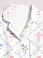 Elegant Pastel Blue Flowers and Faith Crosses Print Family Matching Pyjamas