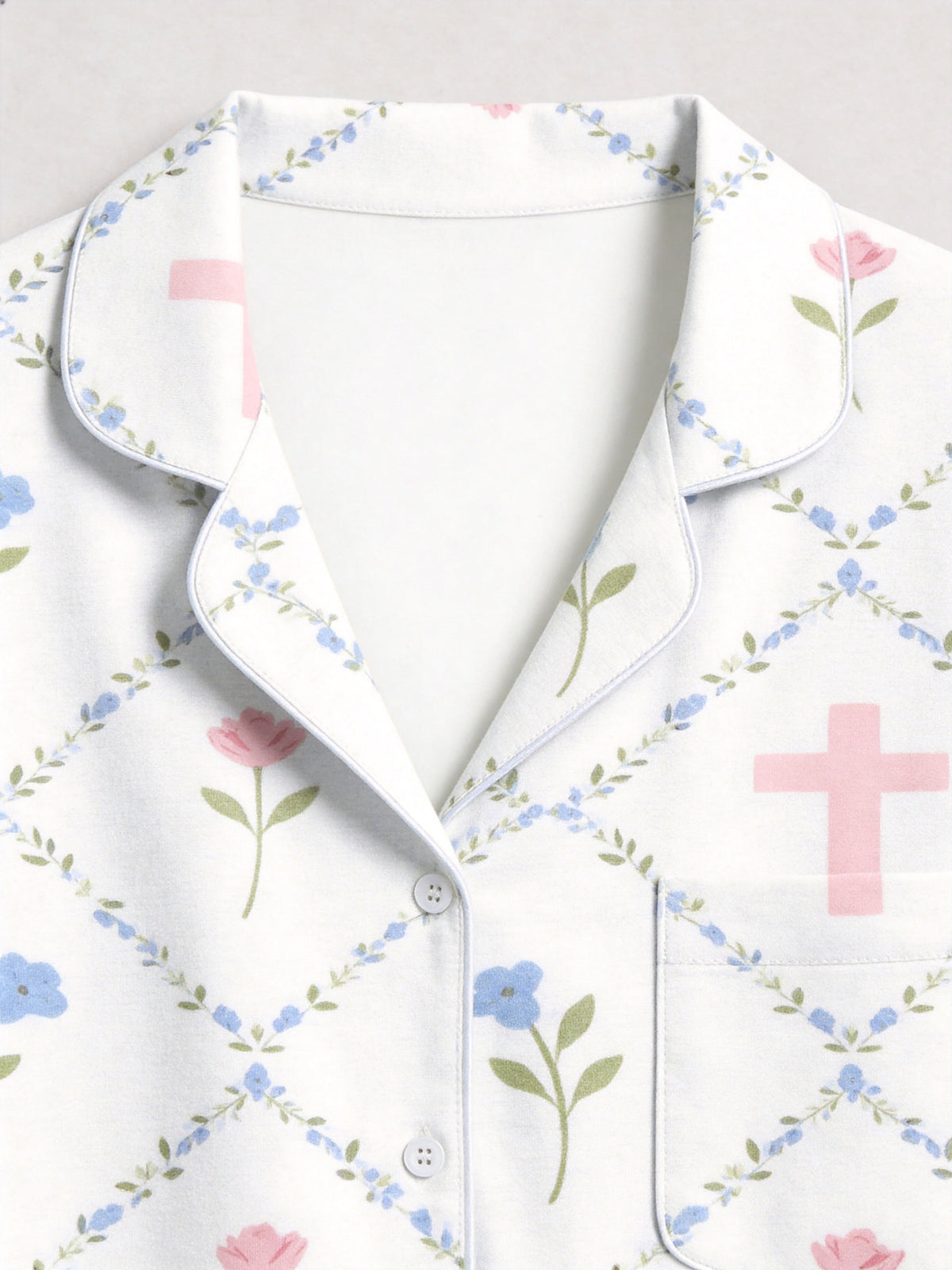 Elegant Pastel Blue Flowers and Faith Crosses Print Family Matching Pyjamas