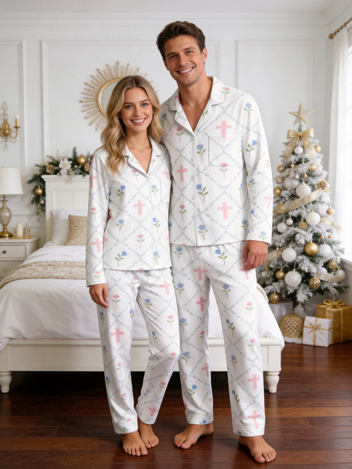 Elegant Pastel Blue Flowers and Faith Crosses Print Family Matching Pyjamas