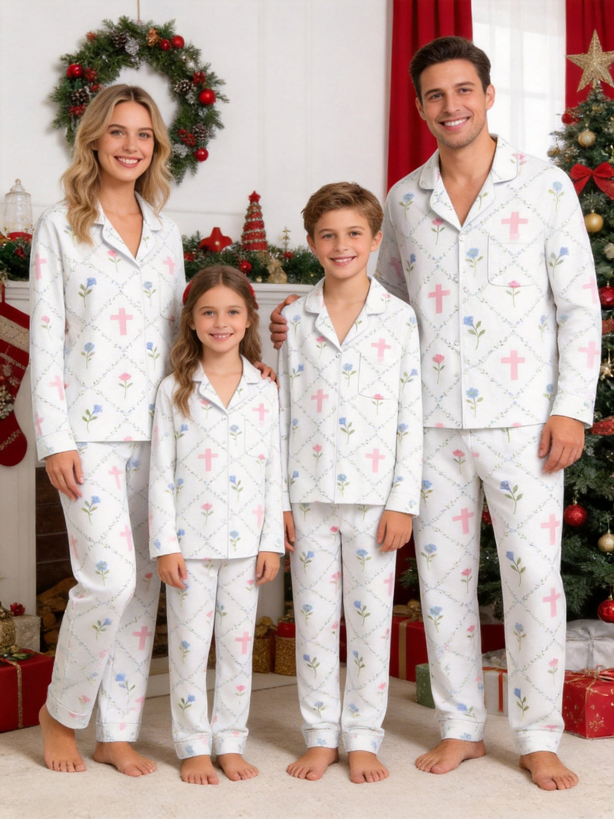 Elegant Pastel Blue Flowers and Faith Crosses Print Couple Matching Pyjamas