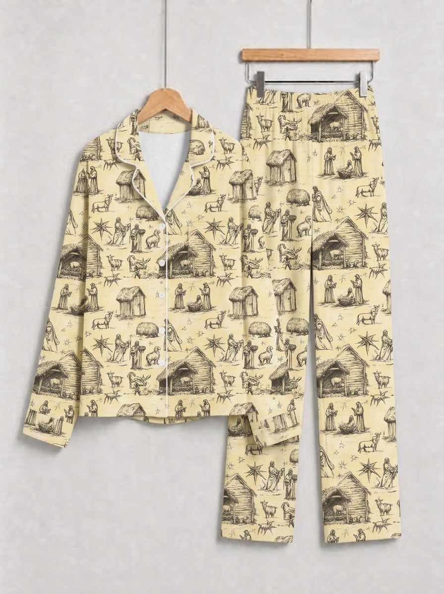 Vintage Nativity Stable and Manger Scene Print Couple Holiday Sleepwear Set