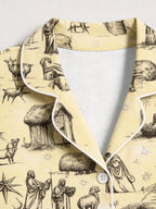 Vintage Nativity Stable and Manger Scene Print Couple Holiday Sleepwear Set