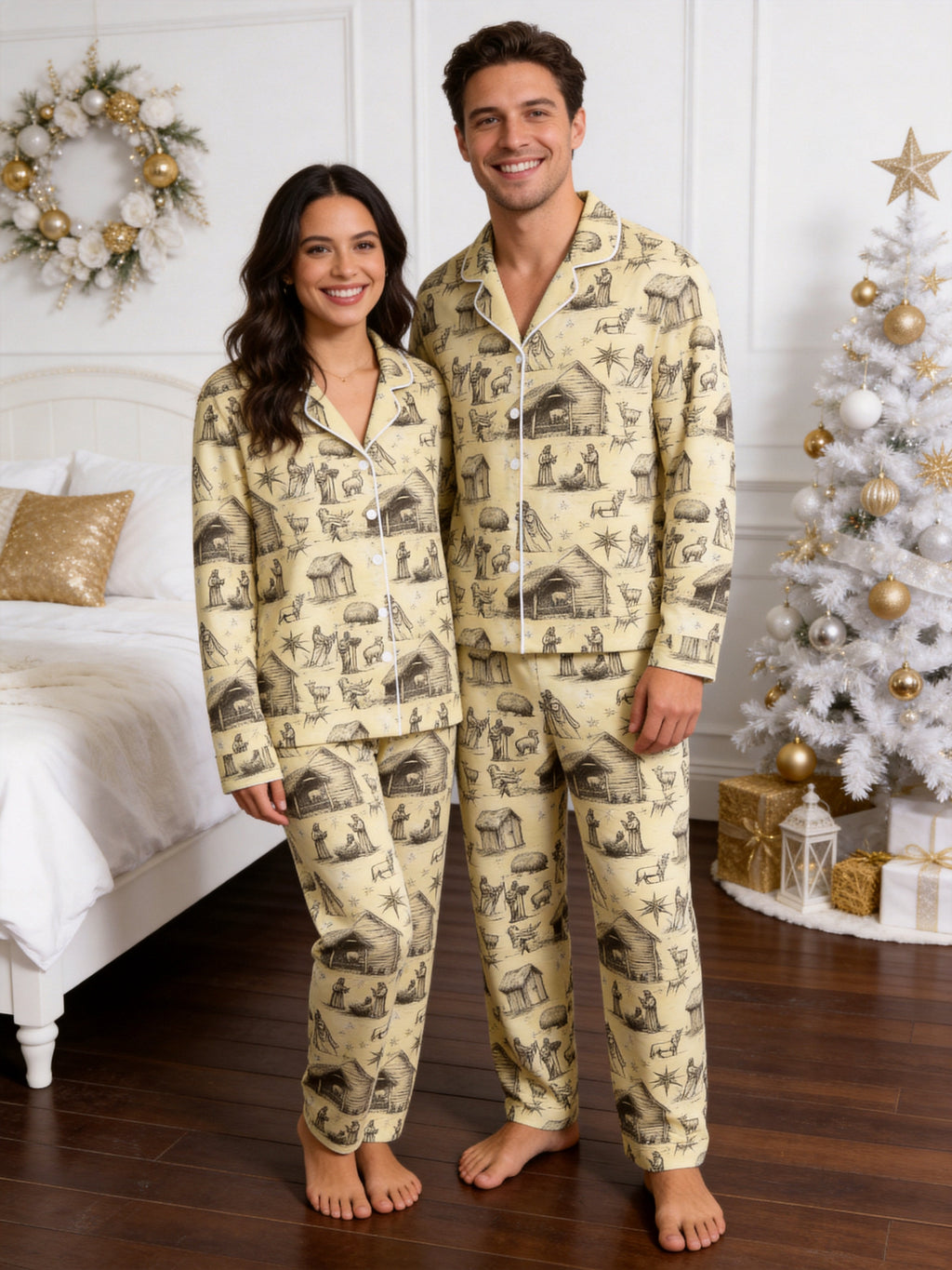 Vintage Nativity Stable and Manger Scene Print Family Holiday Sleepwear Set