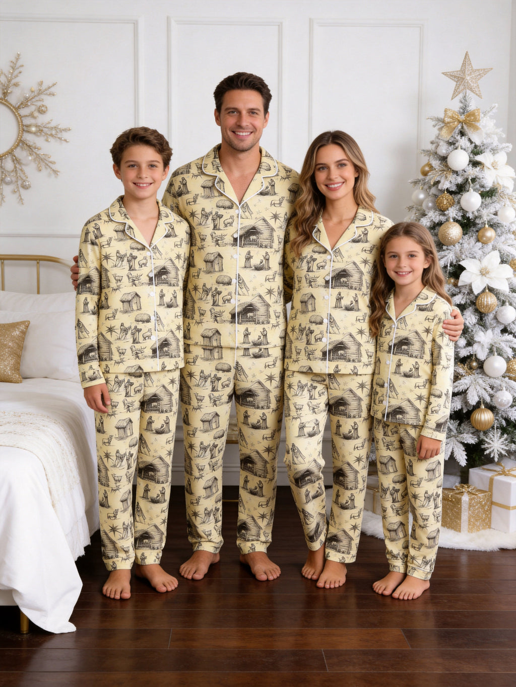 Vintage Nativity Stable and Manger Scene Print Couple Holiday Sleepwear Set