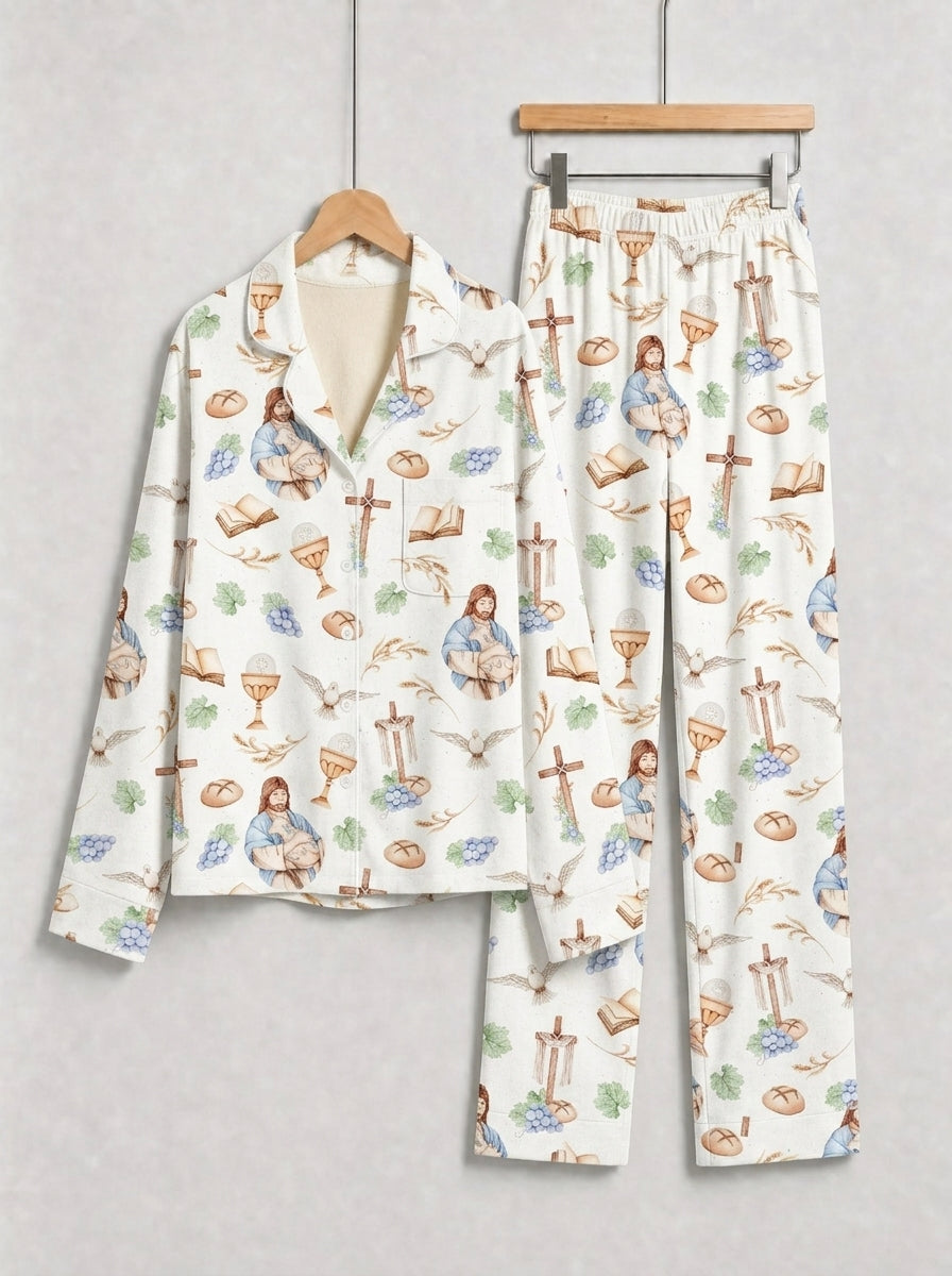 Holy Communion Chalice, Bread, and Doves Print Matching Couple Pajamas