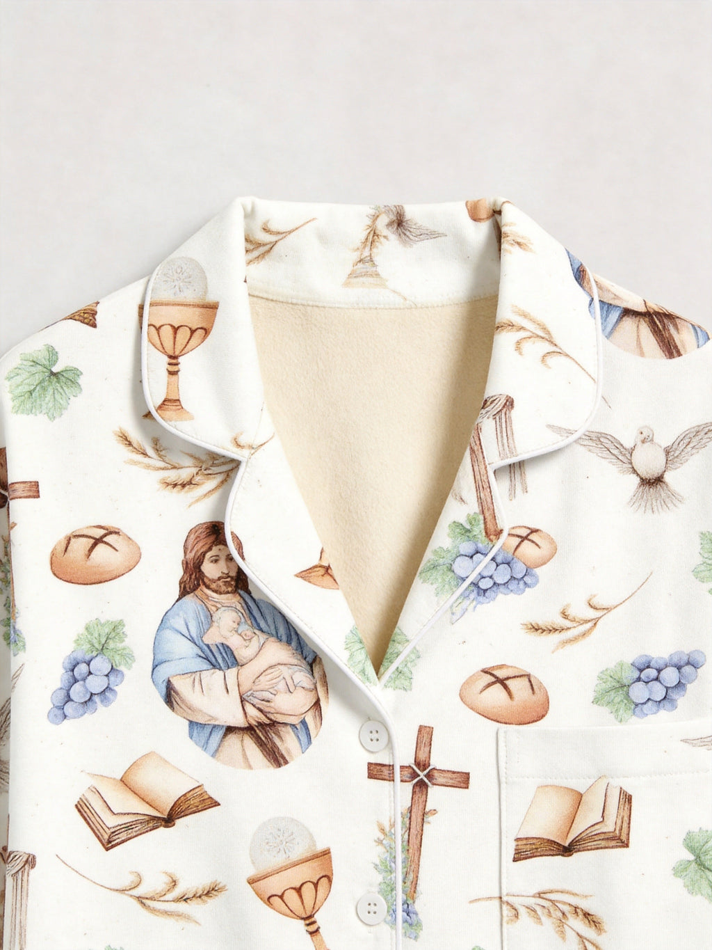 Holy Communion Chalice, Bread, and Doves Print Matching Couple Pajamas