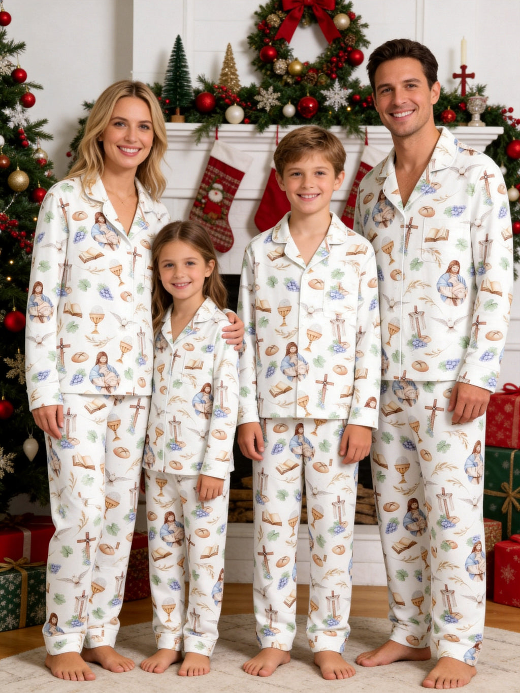 Holy Communion Chalice, Bread, and Doves Print Matching Couple Pajamas