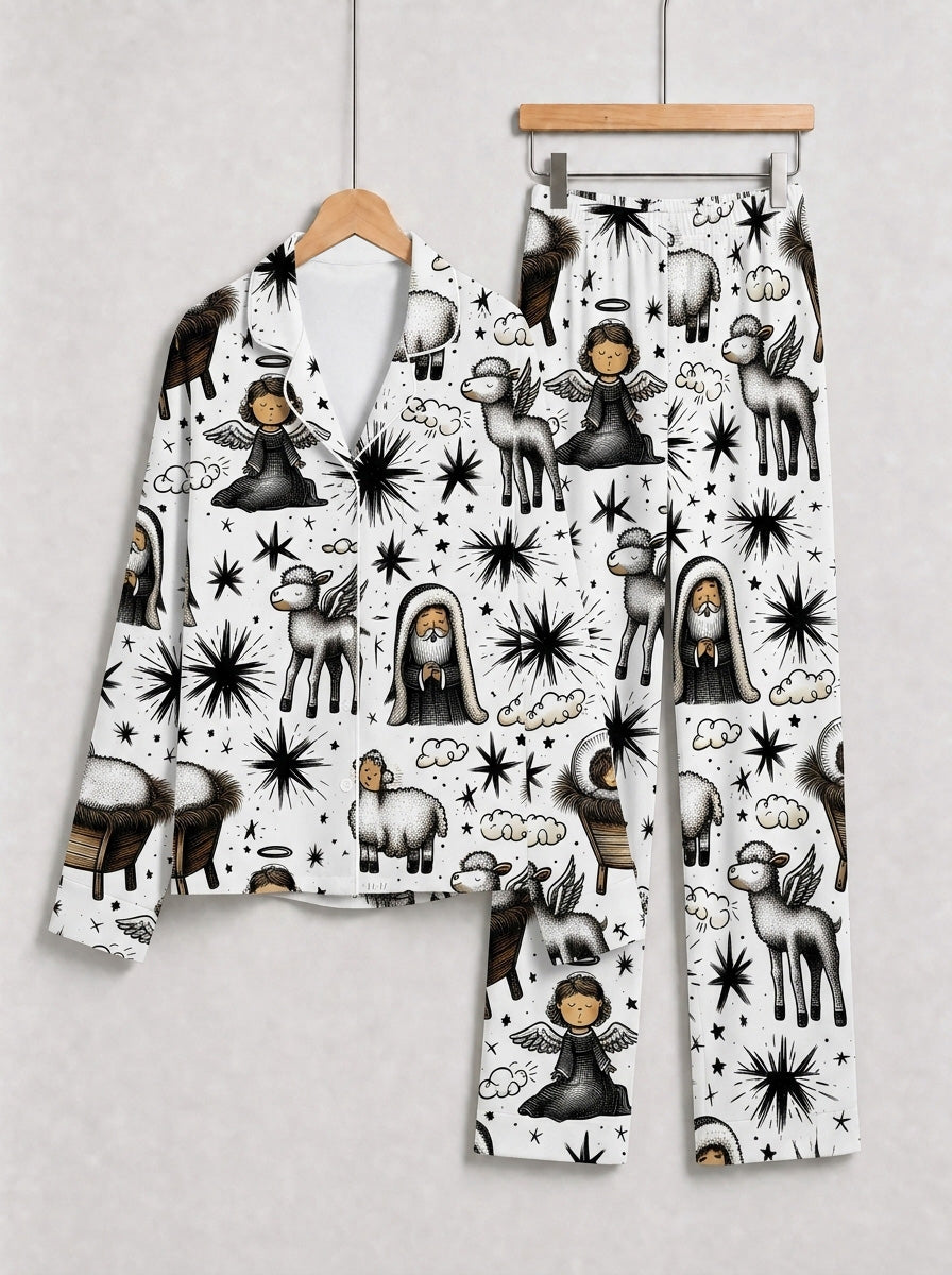 Bethlehem Starry Night with Angels and Lambs Print Couple Christmas Pyjamas