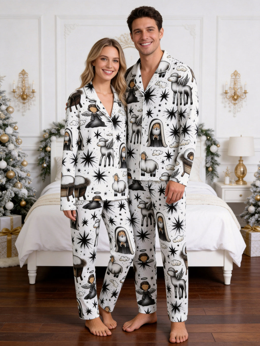 Bethlehem Starry Night with Angels and Lambs Print Family Christmas Pyjamas
