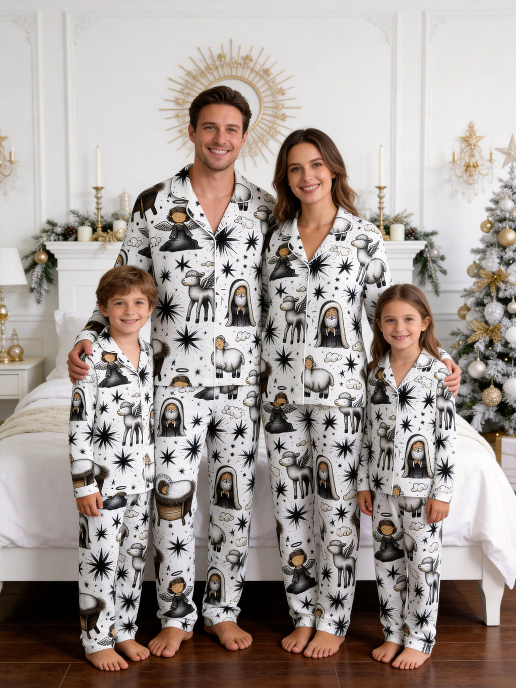 Bethlehem Starry Night with Angels and Lambs Print Couple Christmas Pyjamas
