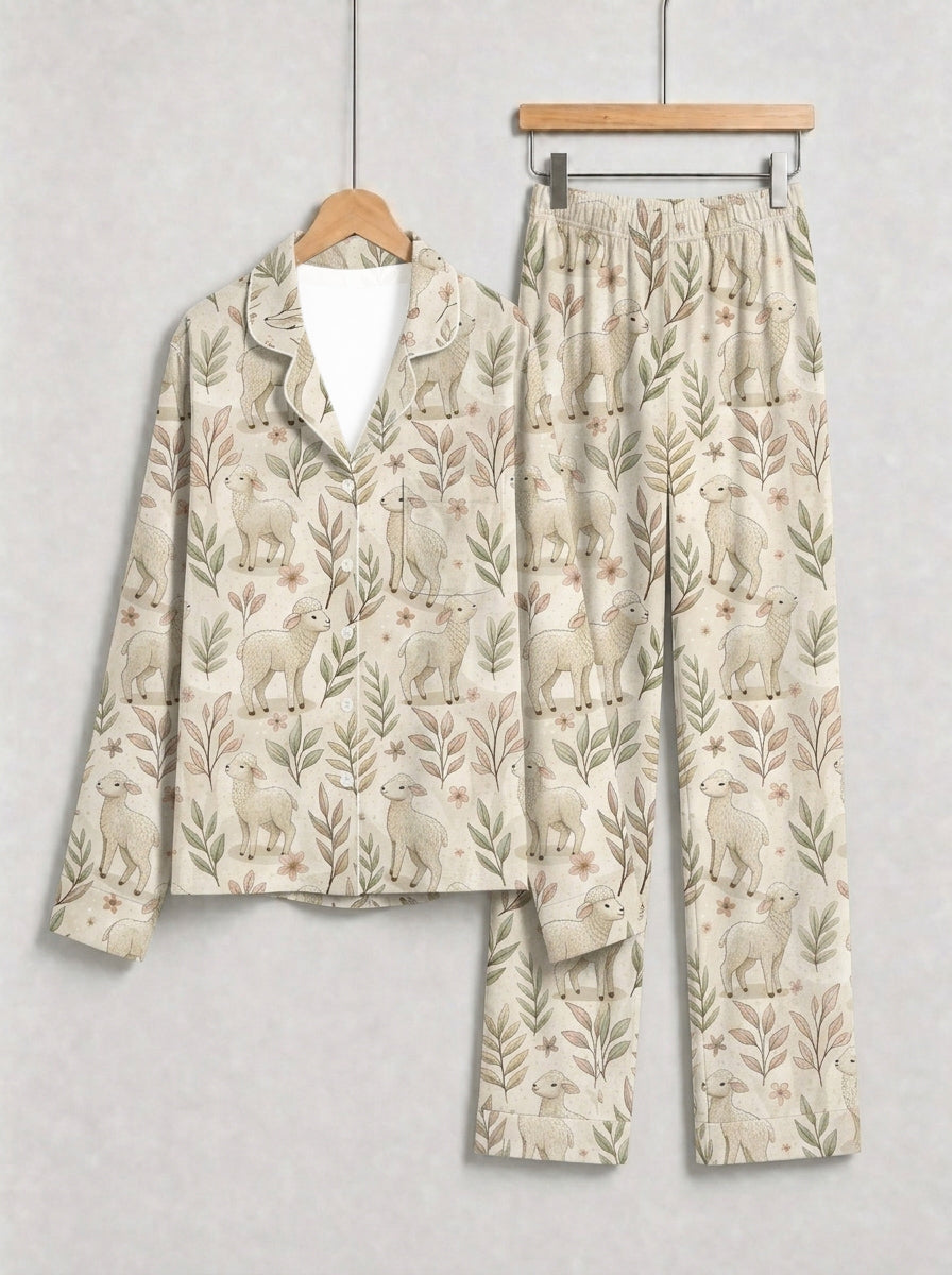 Sweet Little Lambs and Botanical Leaf Vine Print Matching Couple Pajamas