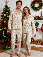 Sweet Little Lambs and Botanical Leaf Vine Print Matching Couple Pajamas