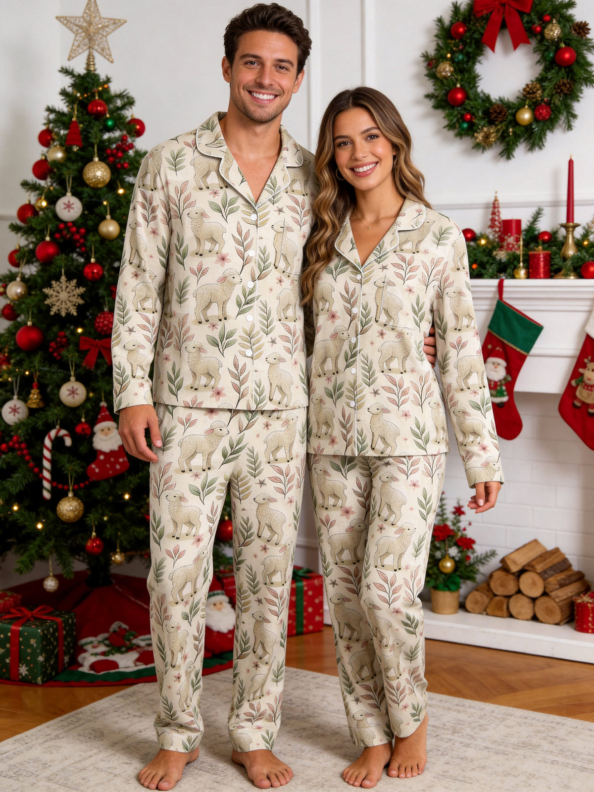 Sweet Little Lambs and Botanical Leaf Vine Print Matching Couple Pajamas
