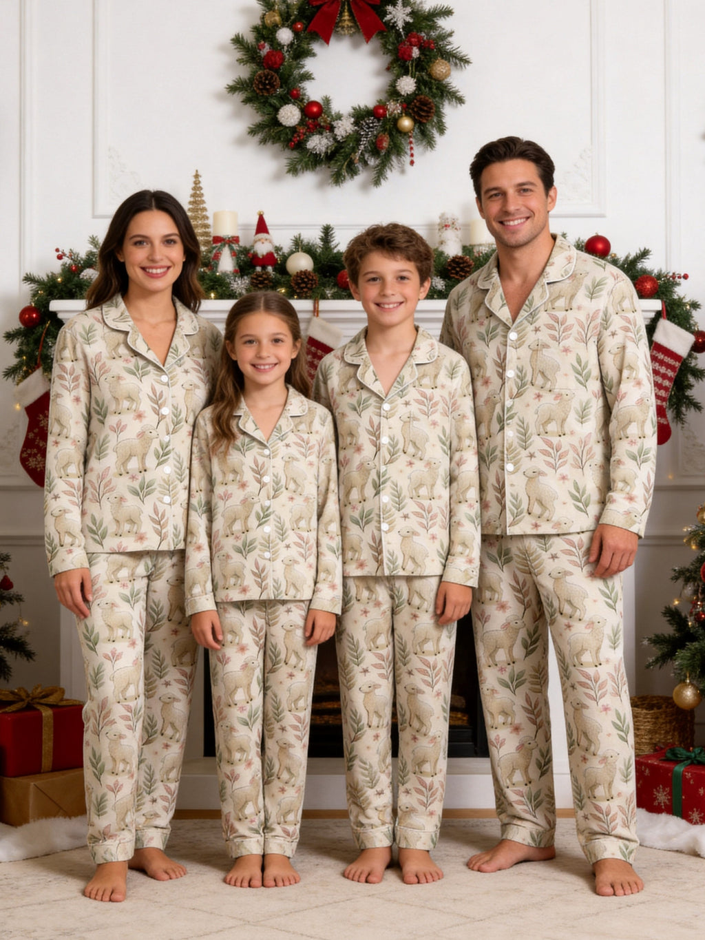 Sweet Little Lambs and Botanical Leaf Vine Print Matching Couple Pajamas