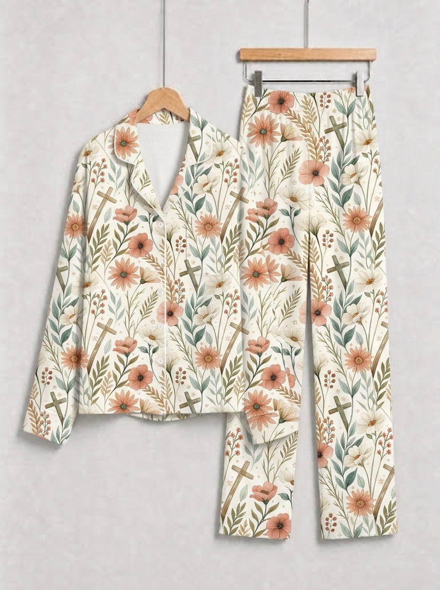 Spring Floral and Wooden Crosses Pattern Print Family Sleepwear PJs