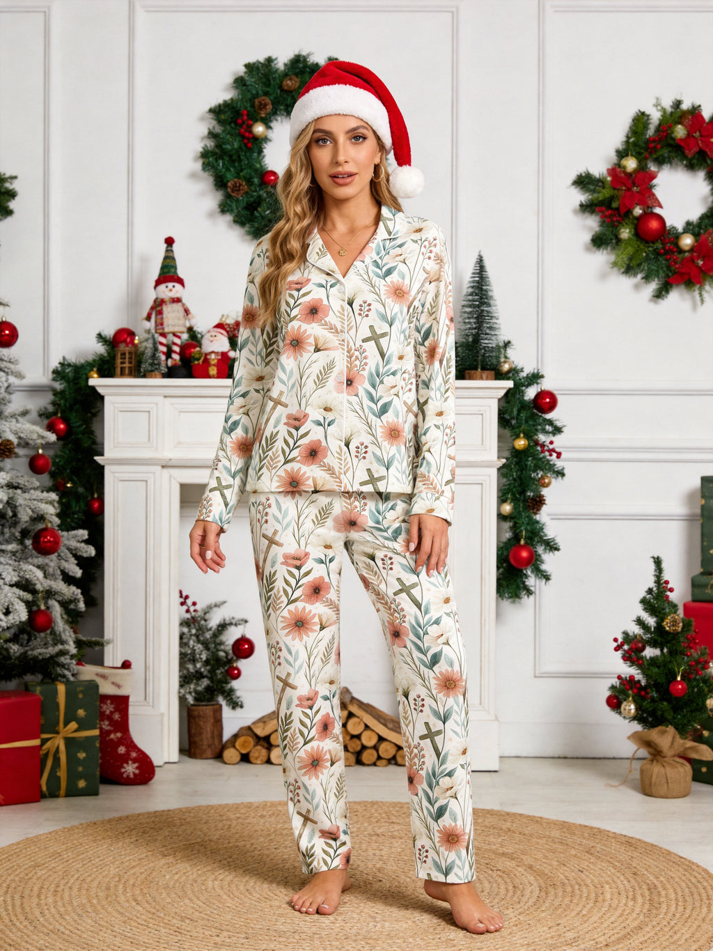 Spring Floral and Wooden Crosses Pattern Print Couple Sleepwear PJs