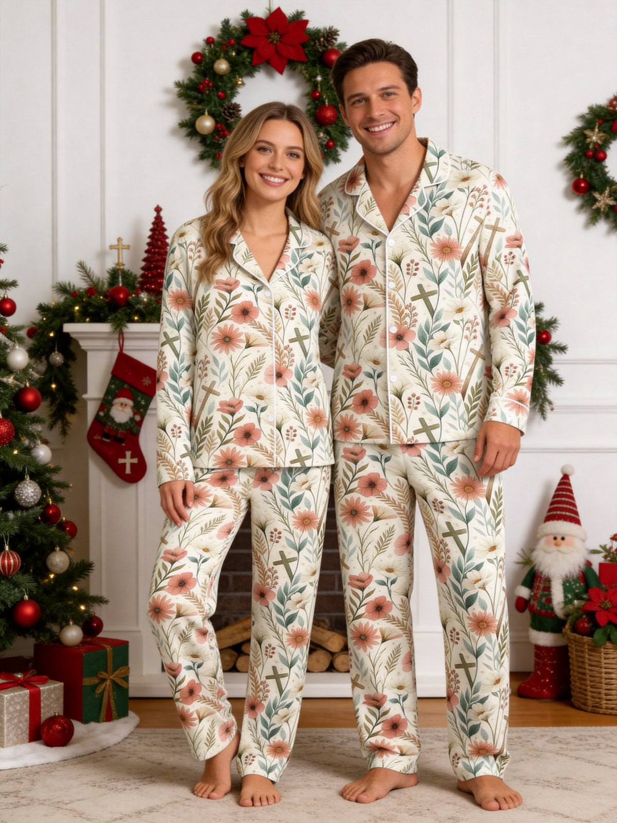 Spring Floral and Wooden Crosses Pattern Print Couple Sleepwear PJs