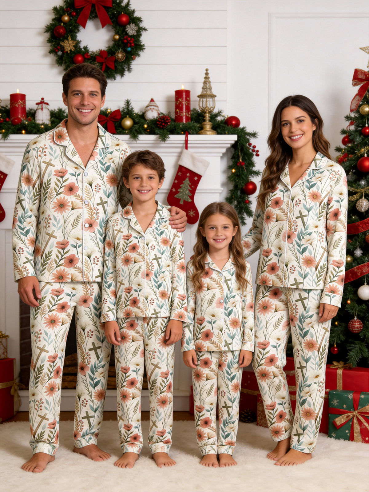 Spring Floral and Wooden Crosses Pattern Print Couple Sleepwear PJs