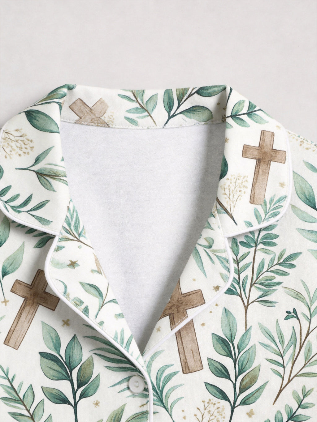 Watercolor Greenery Leaves and Wooden Crosses Pattern Print Matching Couple Pajamas