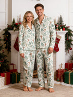 Watercolor Greenery Leaves and Wooden Crosses Pattern Print Matching Couple Pajamas