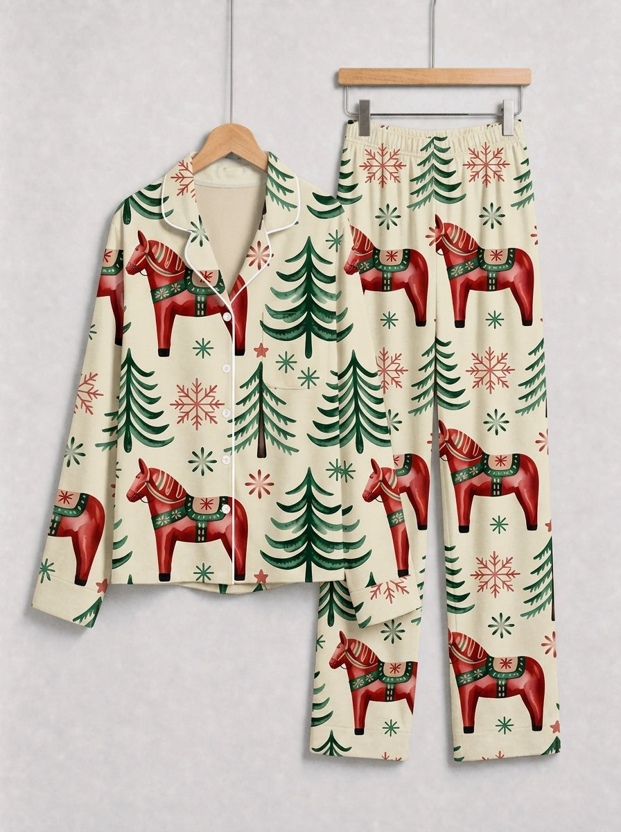 Dala Horse Print Christmas Pajamas Matching Couple Sleepwear Set