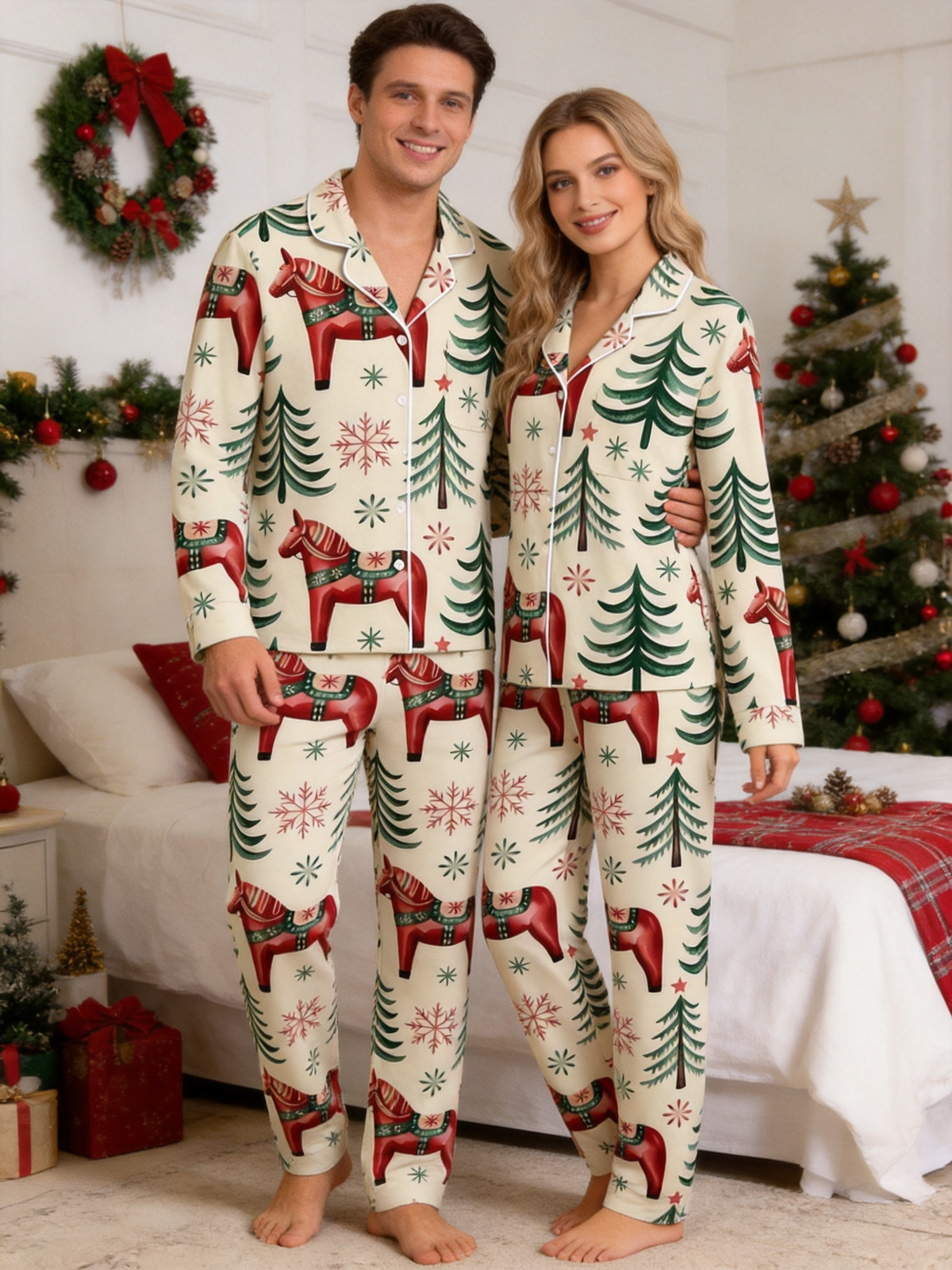 Dala Horse Print Christmas Pajamas Matching Couple Sleepwear Set