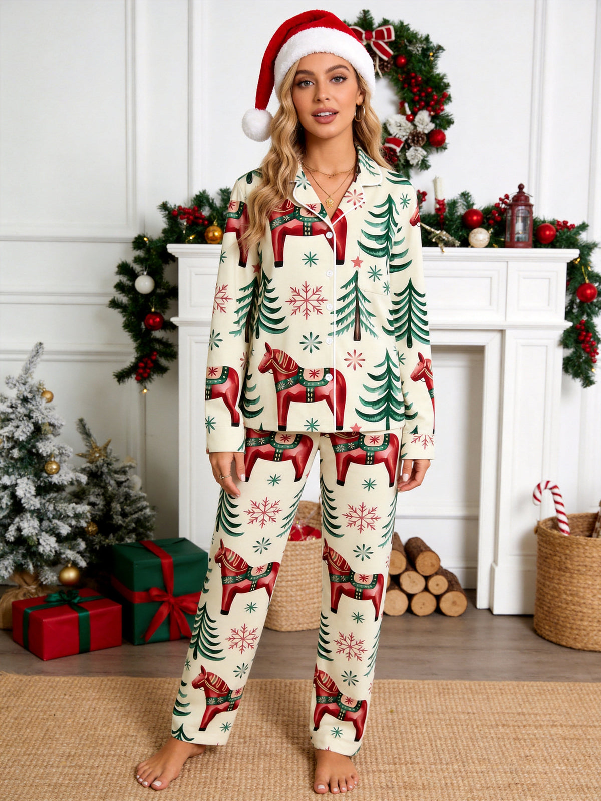 Dala Horse Print Christmas Pajamas Matching Couple Sleepwear Set