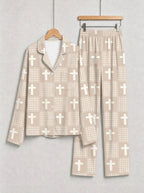 Neutral Beige Gingham Check and White Faith Crosses Print Family Sleepwear PJs
