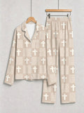 Neutral Beige Gingham Check and White Faith Crosses Print Couple Sleepwear PJs