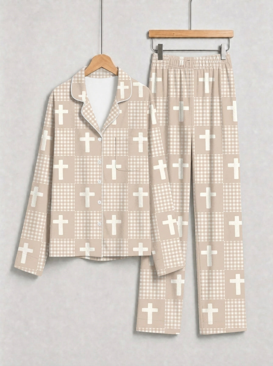 Neutral Beige Gingham Check and White Faith Crosses Print Couple Sleepwear PJs