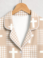Neutral Beige Gingham Check and White Faith Crosses Print Couple Sleepwear PJs