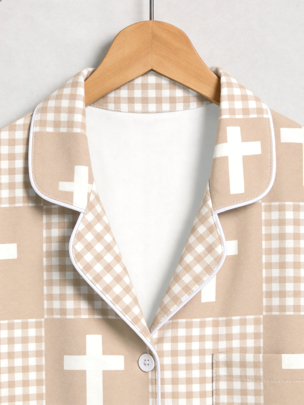 Neutral Beige Gingham Check and White Faith Crosses Print Family Sleepwear PJs