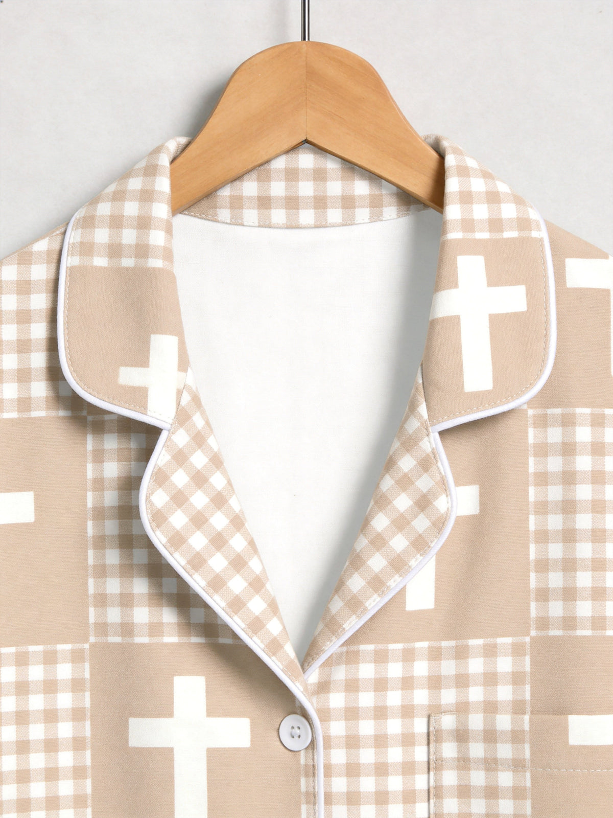 Neutral Beige Gingham Check and White Faith Crosses Print Family Sleepwear PJs