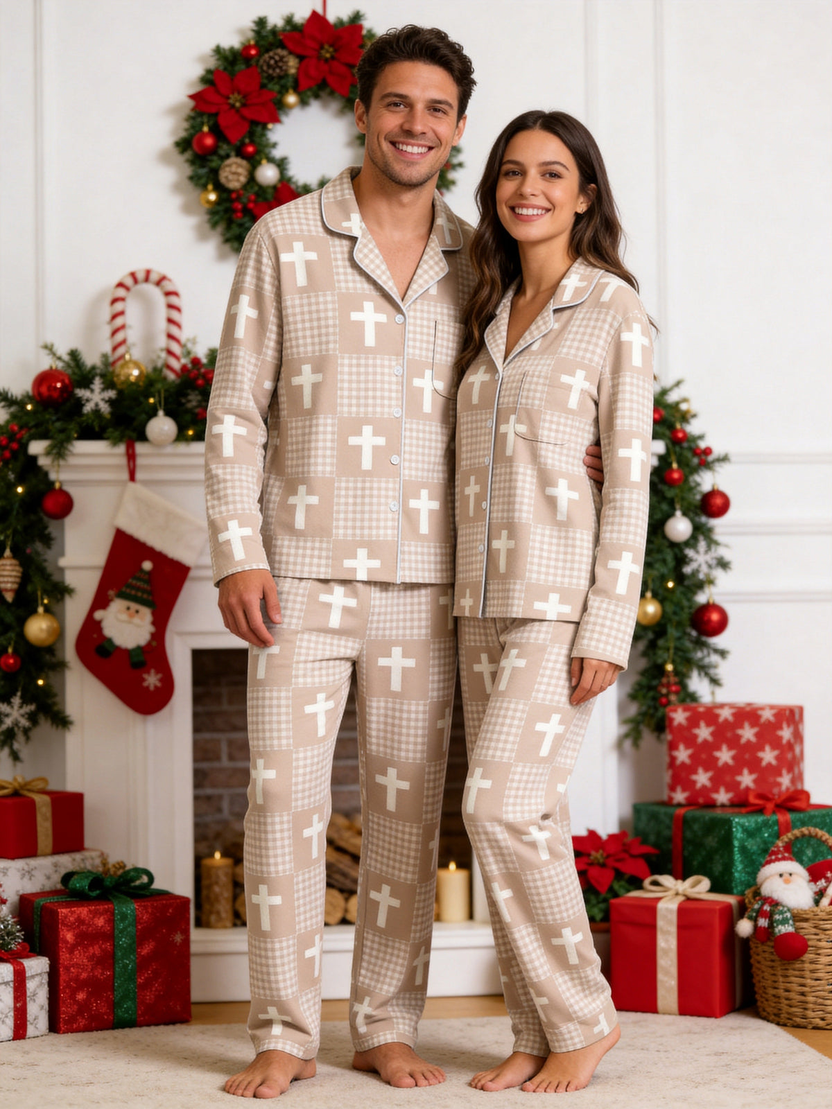 Neutral Beige Gingham Check and White Faith Crosses Print Family Sleepwear PJs