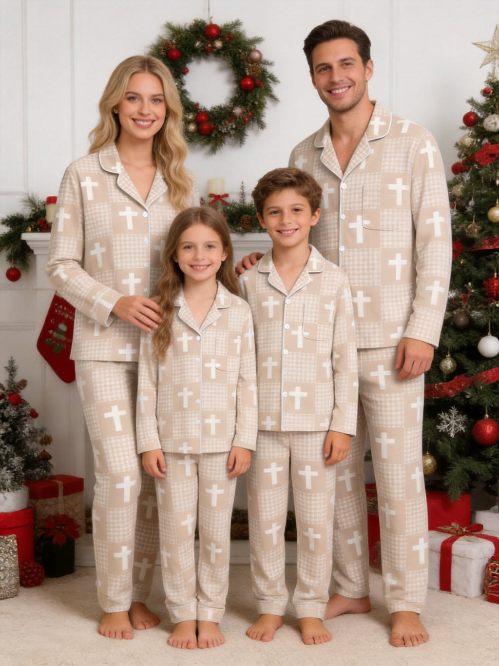 Neutral Beige Gingham Check and White Faith Crosses Print Family Sleepwear PJs