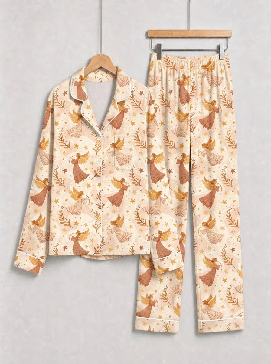 Vintage Pastel Christmas Angels and Starry Night Print Couple Matching Pyjamas