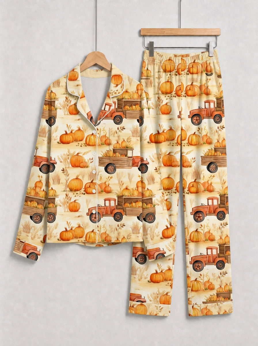 Autumn Pumpkin Harvest and Orange Farm Truck Print Matching Couple Pajamas