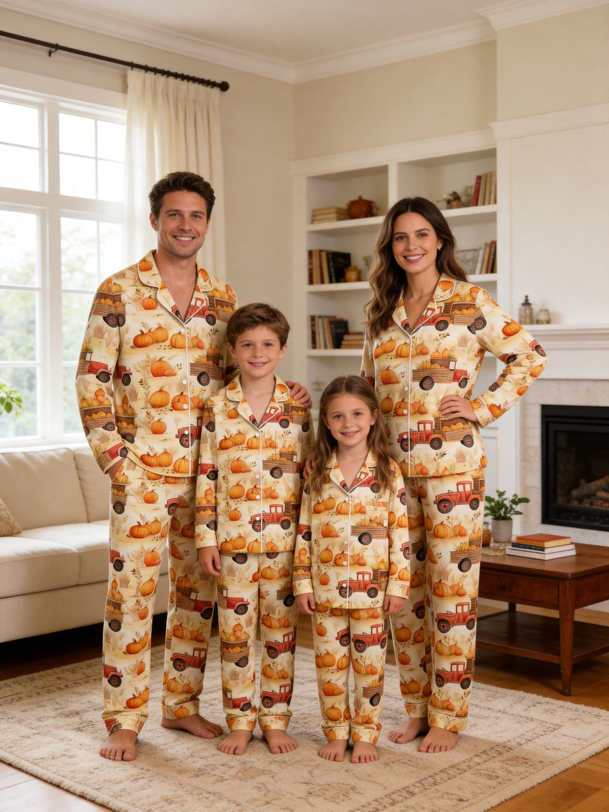 Autumn Pumpkin Harvest and Orange Farm Truck Print Matching Family Pajamas