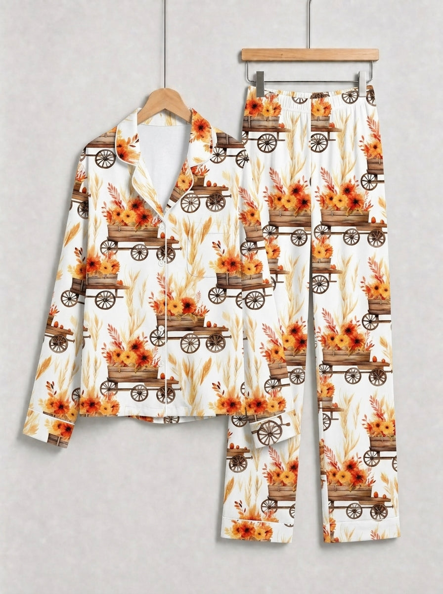 Rustic Fall Sunflower Cart and Wheat Farm Harvest Print Couple Holiday Sleepwear