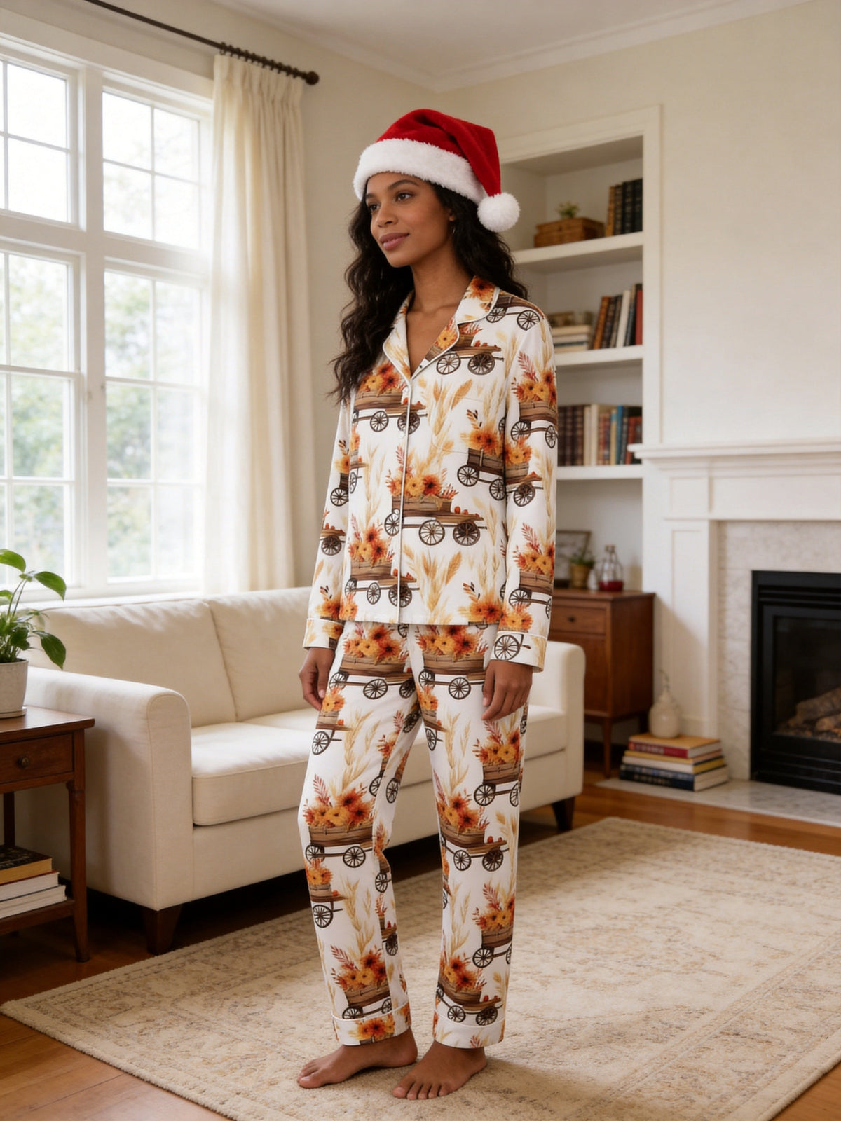 Rustic Fall Sunflower Cart and Wheat Farm Harvest Print Couple Holiday Sleepwear