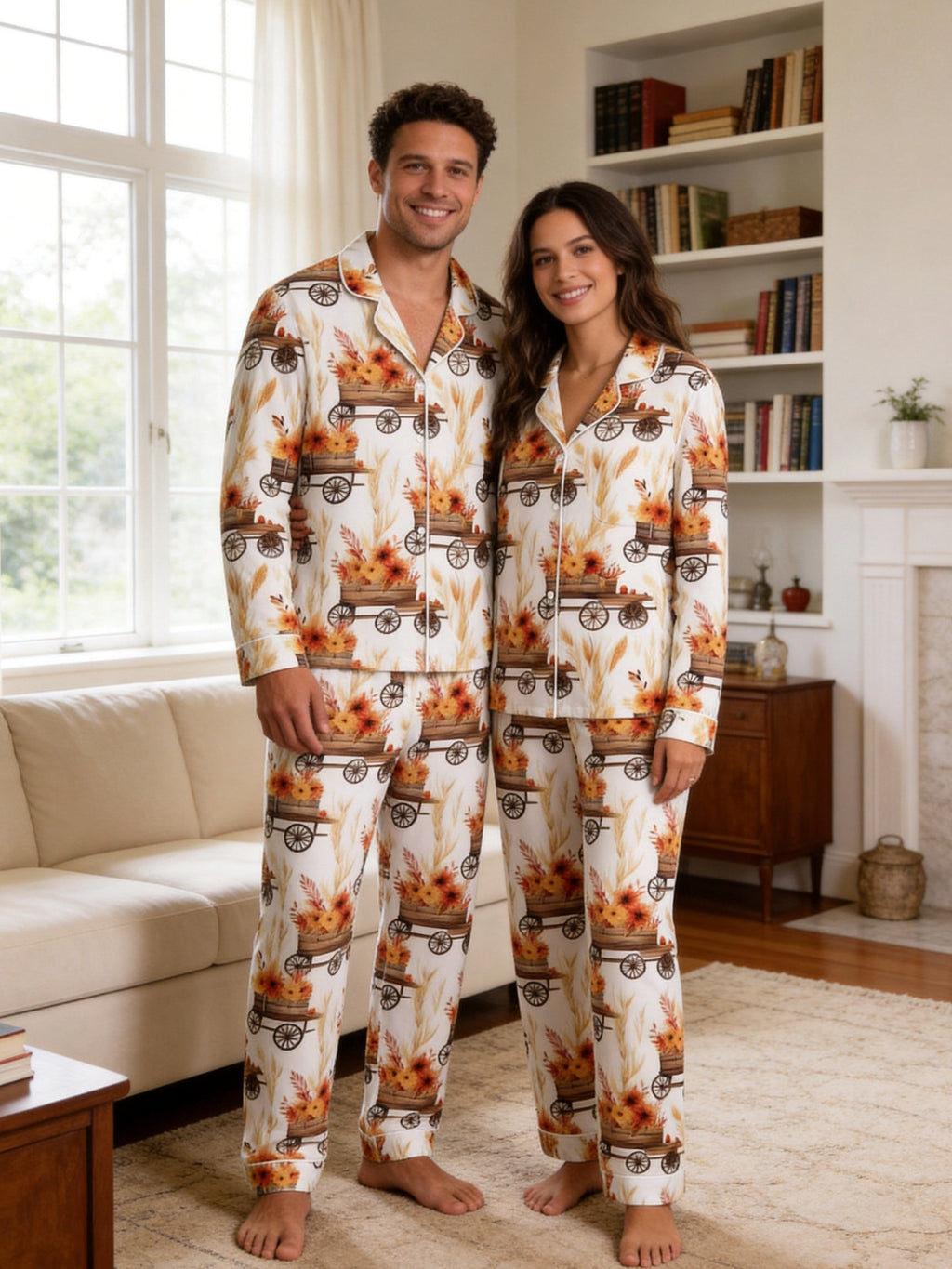 Rustic Fall Sunflower Cart and Wheat Farm Harvest Print Family Holiday Sleepwear