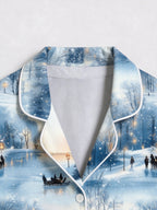 Magical Snowy Winter Night Landscape and Skating Scene Couple Sleepwear PJs