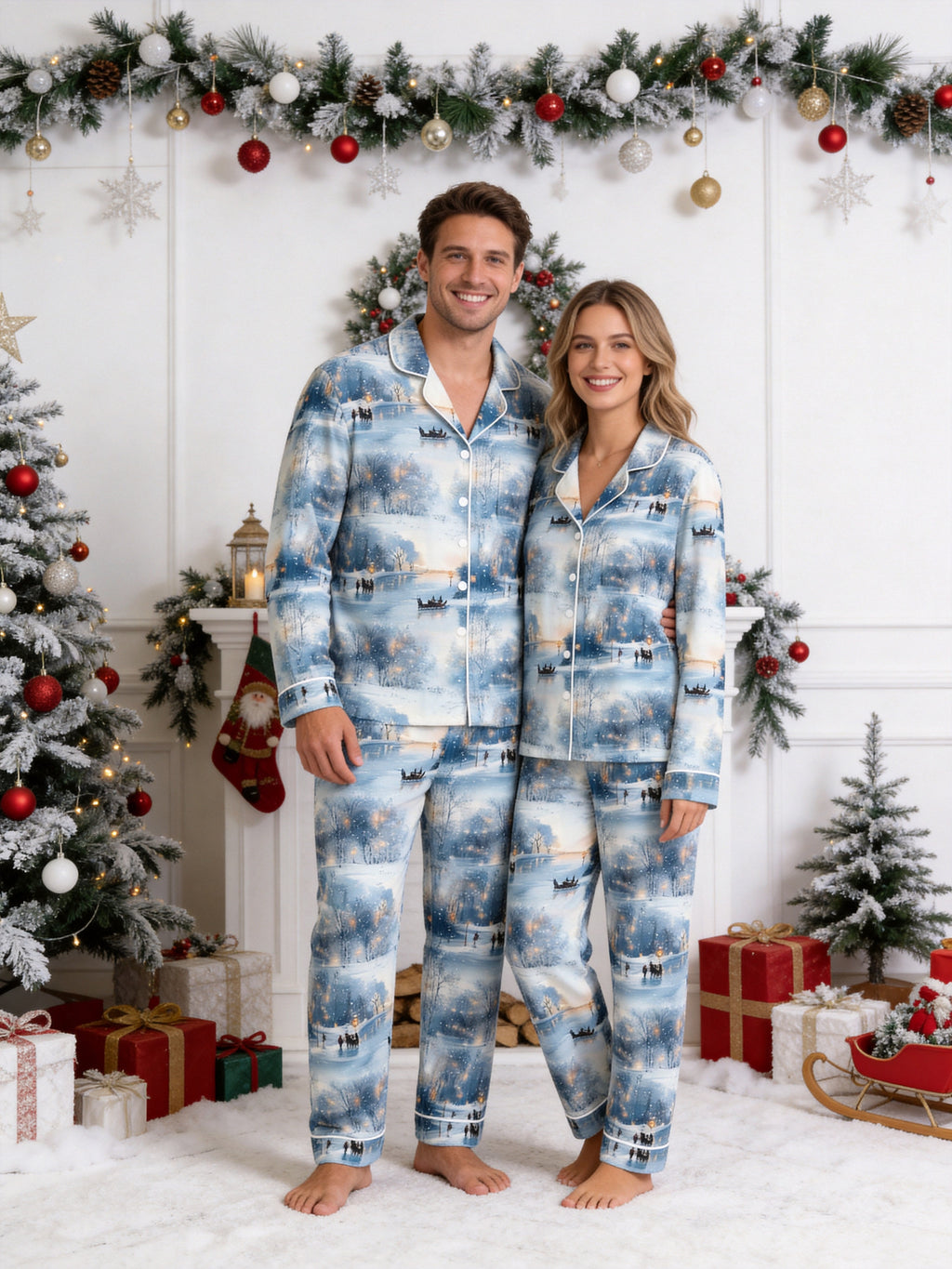 Magical Snowy Winter Night Landscape and Skating Scene Couple Sleepwear PJs
