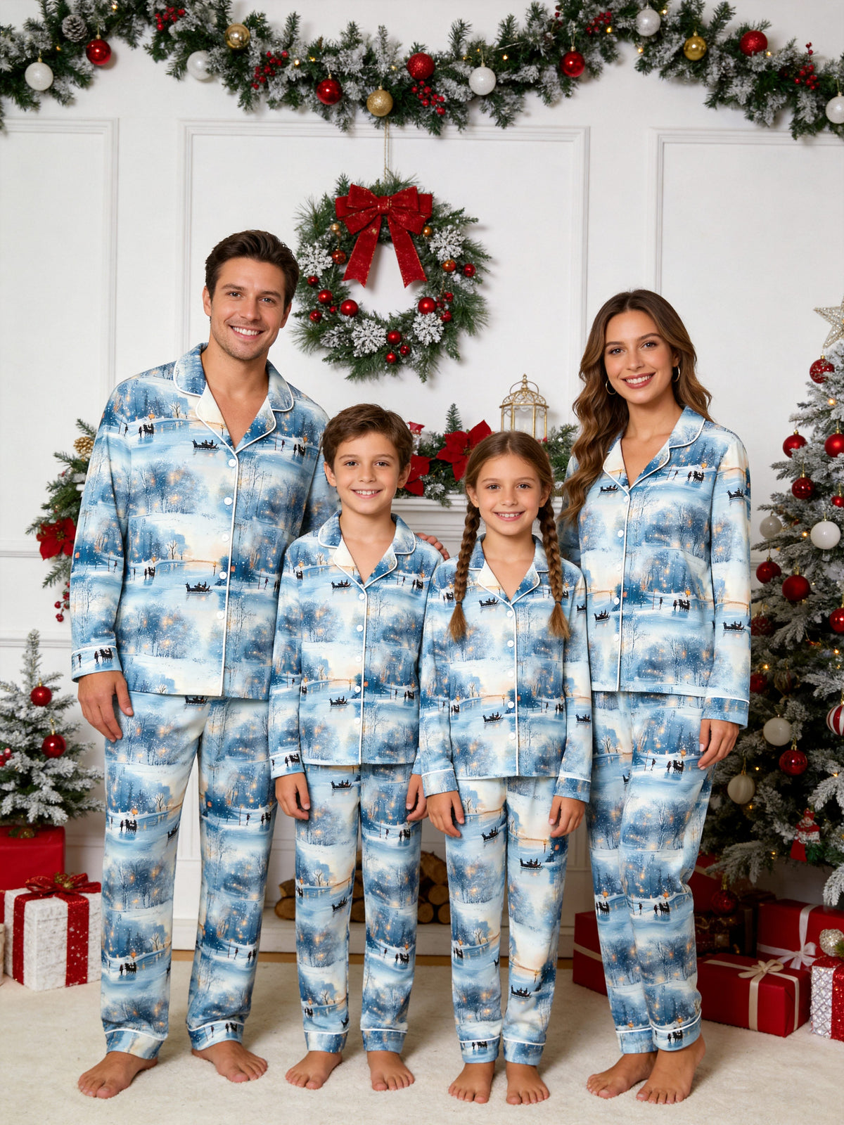 Magical Snowy Winter Night Landscape and Skating Scene Couple Sleepwear PJs