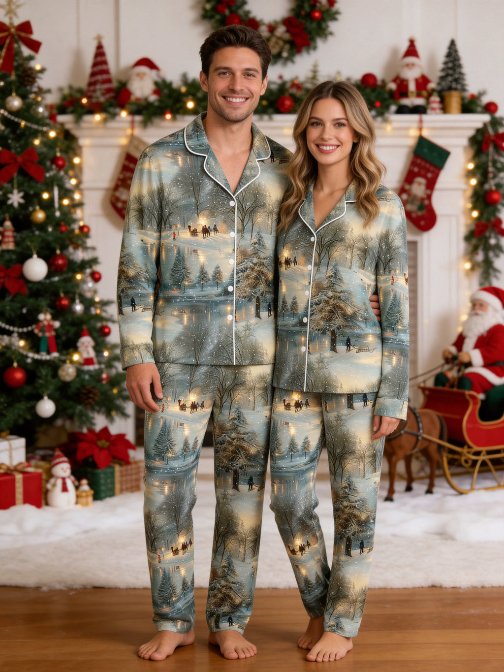 Peaceful Winter Forest Snowfall and Twilight Landscape Couple Matching Pyjamas
