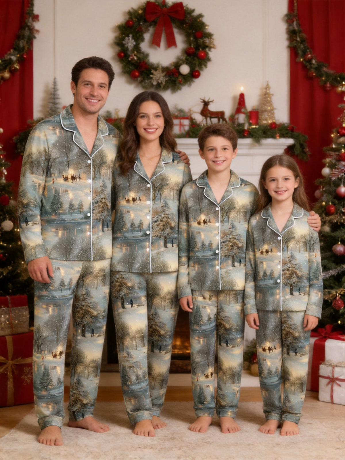 Peaceful Winter Forest Snowfall and Twilight Landscape Couple Matching Pyjamas
