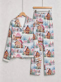 Cozy Winter Snow Village and Gingerbread Houses Print Matching Couple Pajamas Set