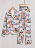 Cozy Winter Snow Village and Gingerbread Houses Print Matching Couple Pajamas Set